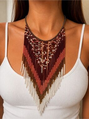 Artisan Boho Seed Bead Fringe Bib Statement Necklace Pink Brown Ivory 19.3' EUC